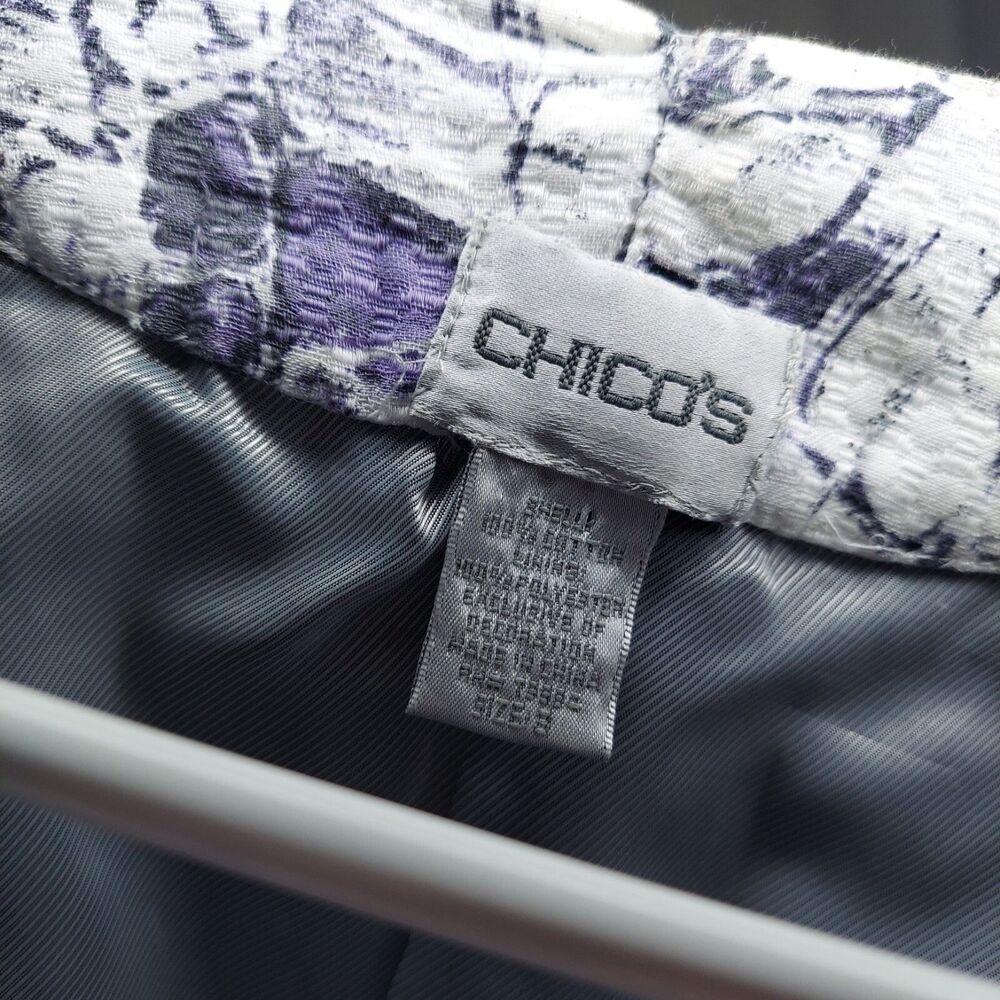 Chicos Blazer Jacket XL Purple White Cotton Textured Beaded Pocket 3/4 Hook-Eye - Picture 3 of 8